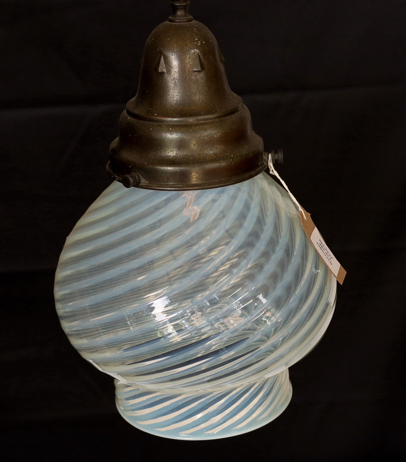 An early 20th century English bronze mounted Vaseline glass light fitting, height 40cm
